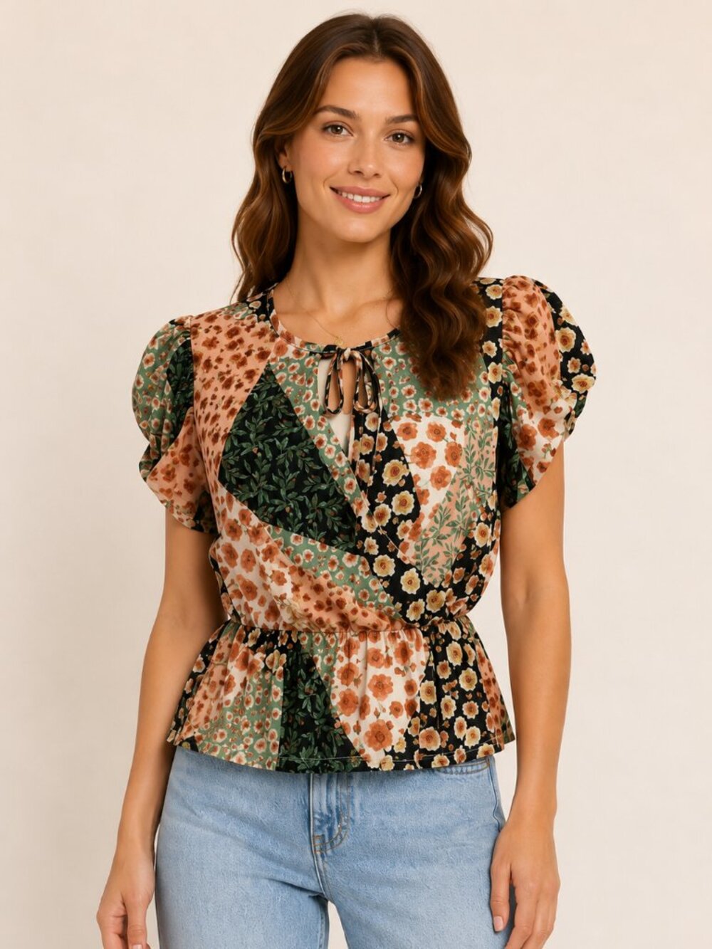 Luna Women's Floral Patchwork Peplum Blouse - Size Medium - EUC
